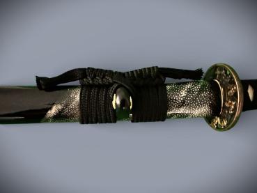 Snake Samurai-Schwerter-Set mit 12-mal gefalteter Damaststahl Klingen, Saja mit Schlangenhaut